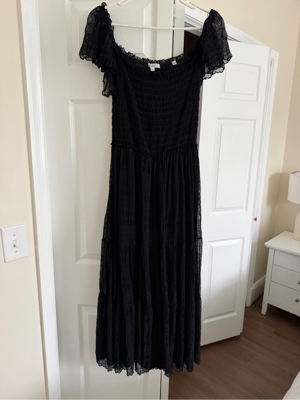Max Studio Black Smocked Off-Shoulder Tiered Midi Dress